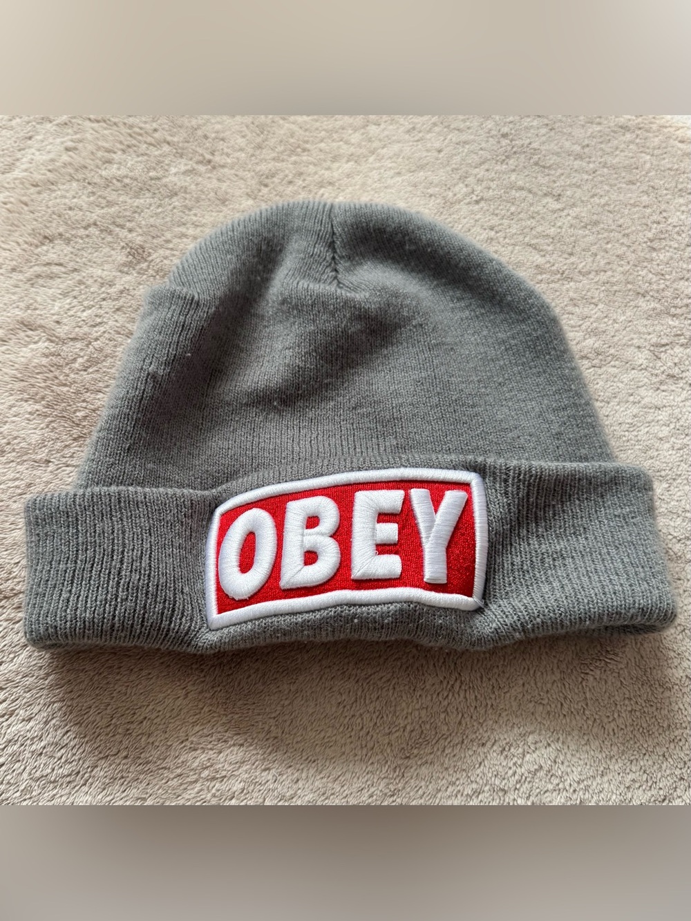 Obey Gray Knit Beanie with Red Logo Patch